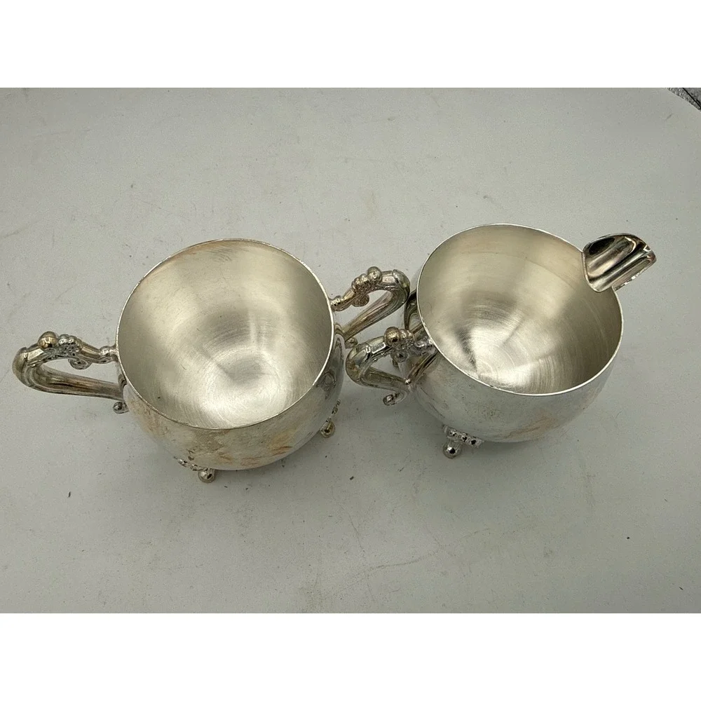 Vintage Silver Plated Creamer Open Sugar Bowl Set Ornate Scroll Handle Footed